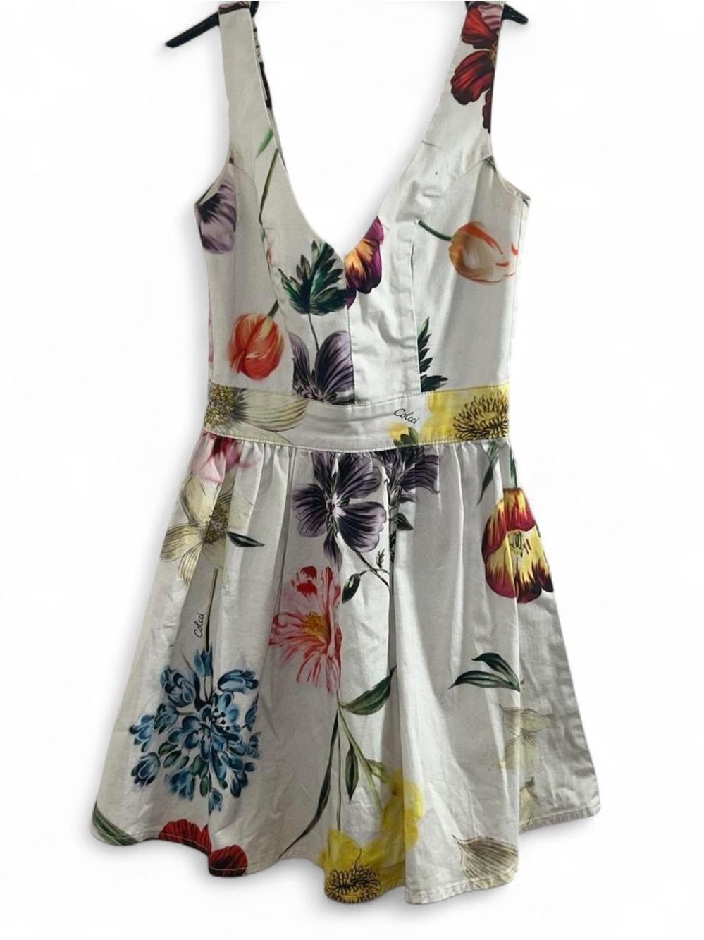 Floral V-Neck Mini Dress in White with Multicolor Blooms